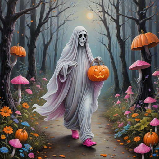 whimsical acrylic and oil painting, 3D, of a ghost, walking and carrying an orange pumpkin bucket and a lantern in the other hand, with bright pink croc shoes, background path in the enchanted forest, wildflowers, colorful mushrooms misty hues of black and orange with bright gold glitter, ultra detailed..Inspired by a prompt from another group