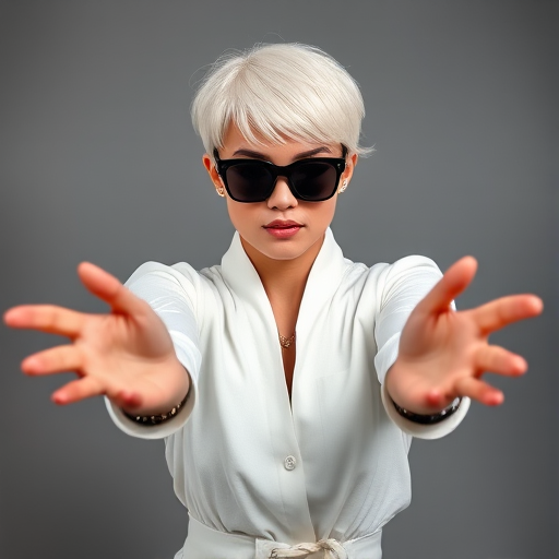 A striking portrait of a person with short white hair and black sunglasses, wearing a white outfit, posed dynamically with hands outstretched, shot with a DSLR camera at 50mm focal length, f/2.8 aperture, ISO 200, softly diffused lighting for a high-quality studio look.