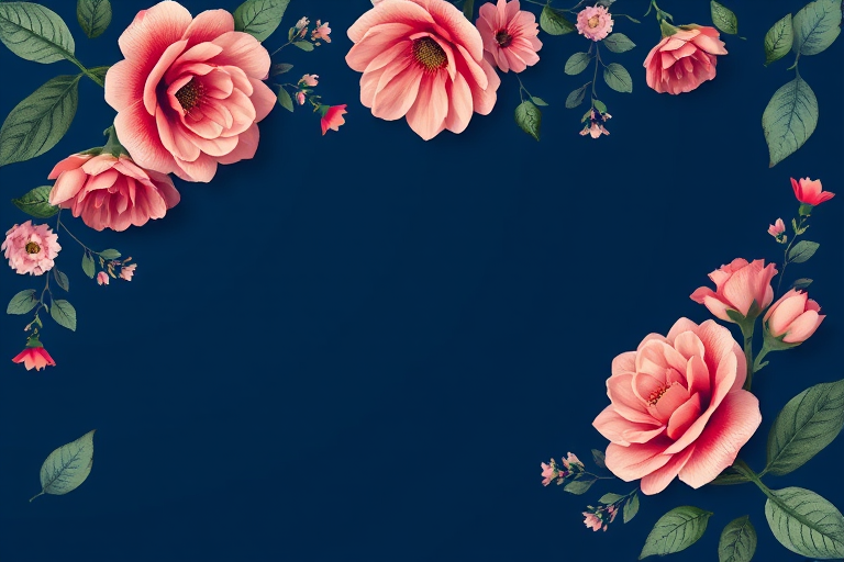 Create a floral border design with navy background, high resolution 300 DPI, shot with a DSLR camera, f/2.8 aperture, 35mm lens, and soft natural lighting.