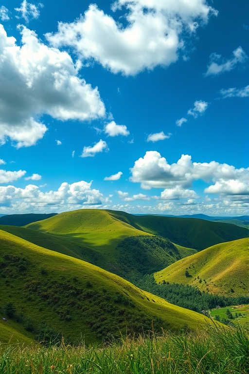 Create a detailed and vibrant landscape scene featuring lush green hills and a bright blue sky with fluffy white clouds, shot with a Canon EOS R5, 24mm lens, f/8 aperture, ISO 100, 1/200s shutter speed, in high dynamic range style.