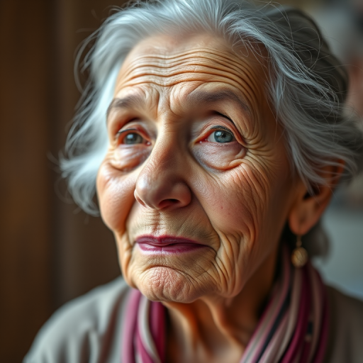 Create a portrait of an elderly woman with soft, natural lighting, showcasing her unique facial features and texture, using a Canon EOS R5 with an 85mm lens, aperture f/1.8, ISO 100, daylight setting, shallow depth of field, and a slightly low angle for depth.