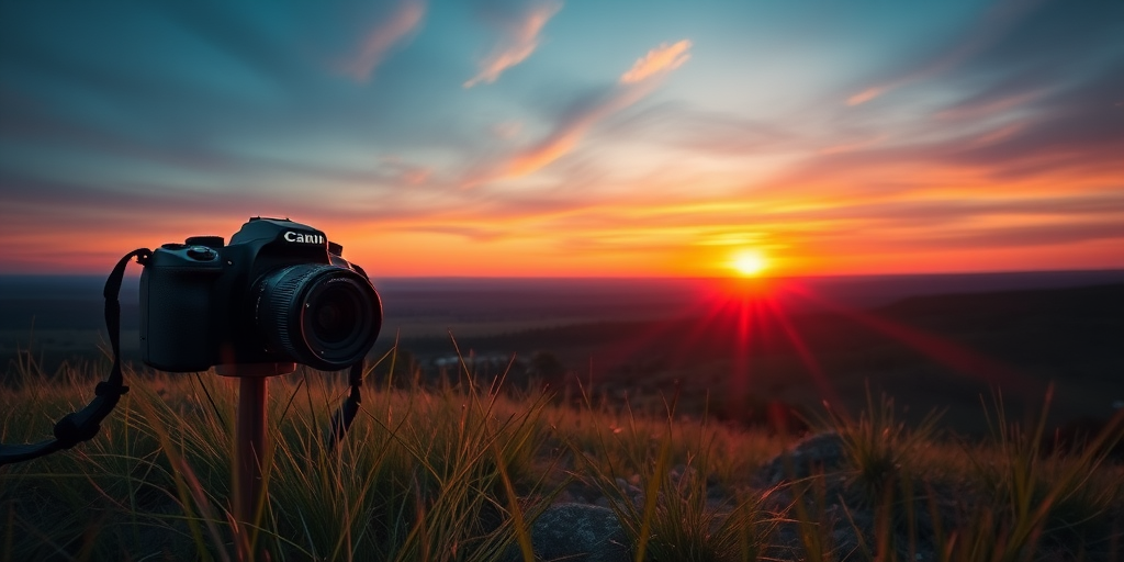 Capture a high-resolution image of a serene landscape at sunset with vibrant colors, using a DSLR camera set to f/8 aperture, ISO 100, 1/125 sec shutter speed, wide-angle lens at 24mm, from a low perspective to emphasize foreground elements.