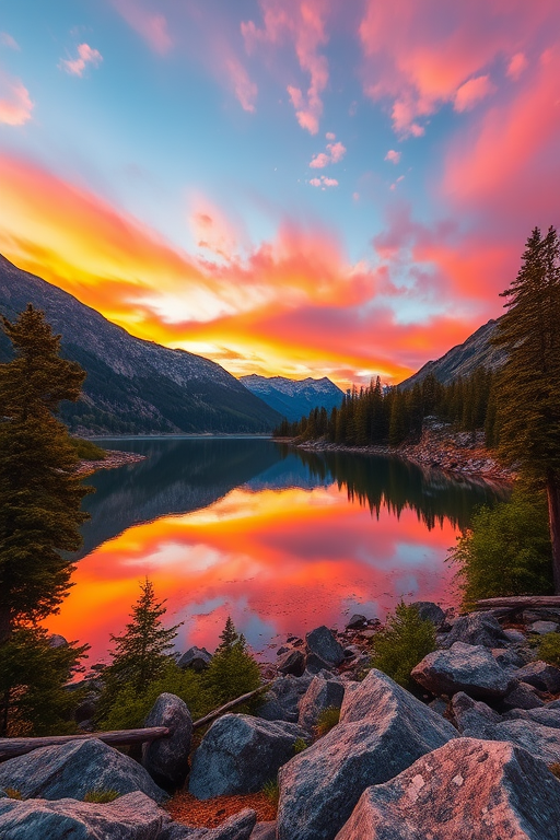 Create an image of a serene mountain landscape during sunset, with vibrant orange and pink skies reflecting over a calm lake surrounded by lush green trees and rocky terrain, captured with a Canon EOS R5, 24mm lens, f/8 aperture, ISO 100, at a low angle for a wide view, in high dynamic range style.