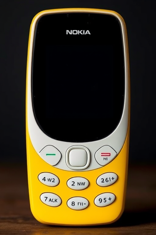 Create a high-resolution image of a classic Nokia phone, front view, with a focus on the colorful yellow casing and clear display, using a DSLR camera at f/2.8, ISO 100, shutter speed 1/60s, soft lighting, and minimal background distractions.