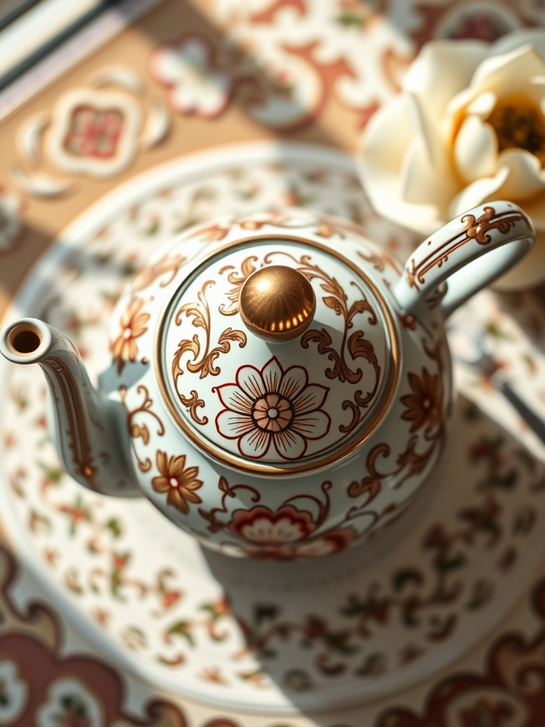 Create a high-resolution image of an ornate teapot with intricate floral designs, captured from a top-down view using a DSLR camera, f/4 aperture, 50mm lens, ISO 100, and soft natural lighting to enhance details and colors.