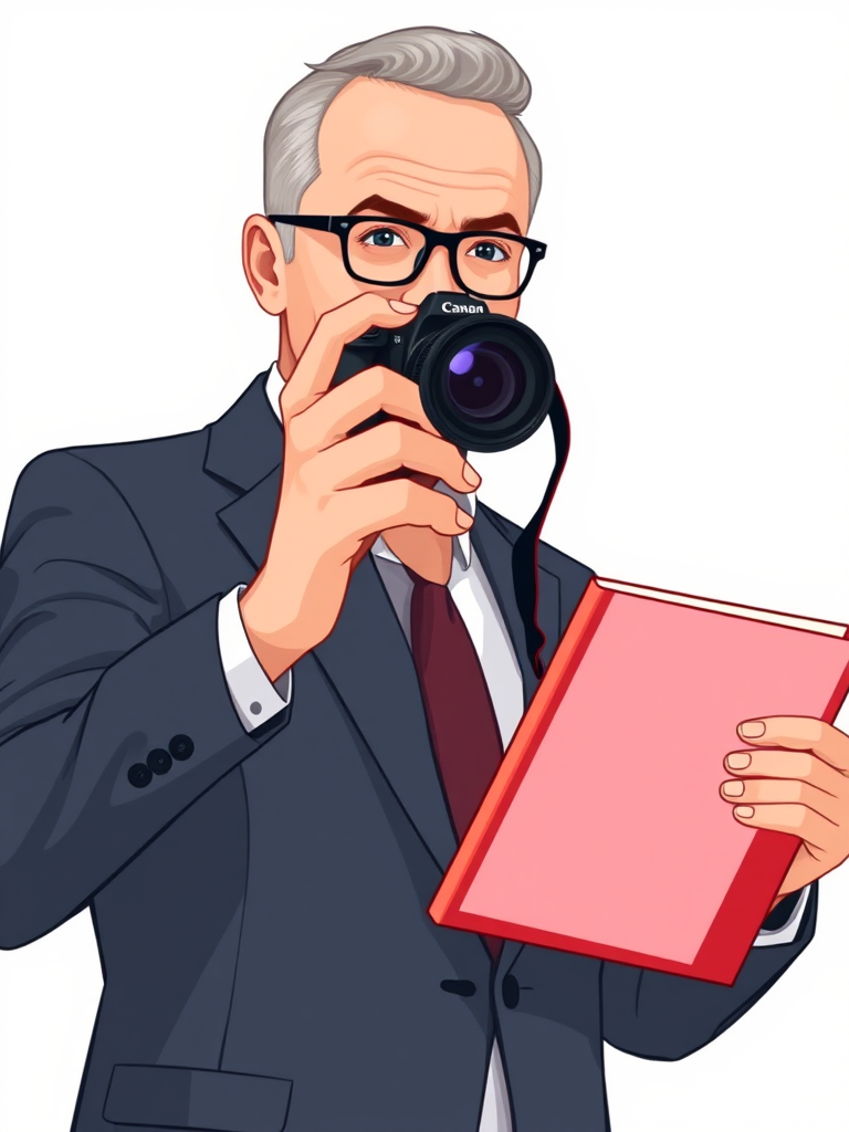 Create a vector illustration of a professional man in a business suit holding a red notebook, pointing with one hand, using a DSLR camera with a 35mm lens, f/2.8 aperture, ISO 100, natural lighting, and a shallow depth of field for clarity and emphasis on the subject.