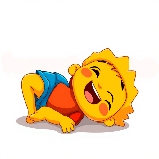 Create an image of a cartoon character resembling a yellow boy with spiky hair, lying on his side in a playful pose, wearing a red shirt and blue shorts, using a DSLR camera at f/8 aperture, ISO 200, with a focal length of 50mm, in high resolution, with a vibrant color palette and smooth shadows for enhanced quality.
