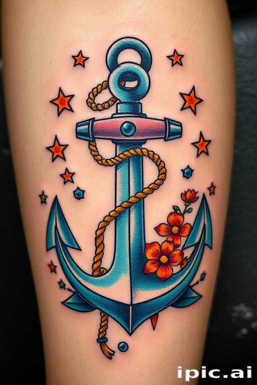 Neo-traditional anchor tattoo titled "Sea's Embrace" combining bold lines and vivid colors with a classic maritime motif. Rich shades of blue and teal create a sense of depth, while touches of red and yellow add warmth. Intricate details like rope, flowers, and nautical stars surround the anchor, creating a visually stunning piece steeped in symbolism.