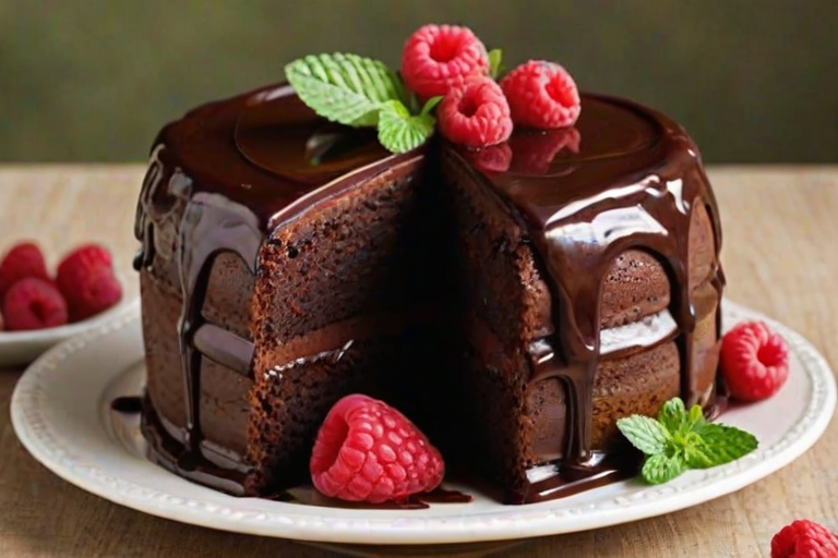 Generate an image of a rich chocolate cake with multiple layers. The cake should have a glossy chocolate ganache on top and be filled with a vibrant raspberry filling. Decorate the top with fresh raspberries and a sprig of mint for a pop of color. The cake should be presented on a simple white plate with a soft, muted background.