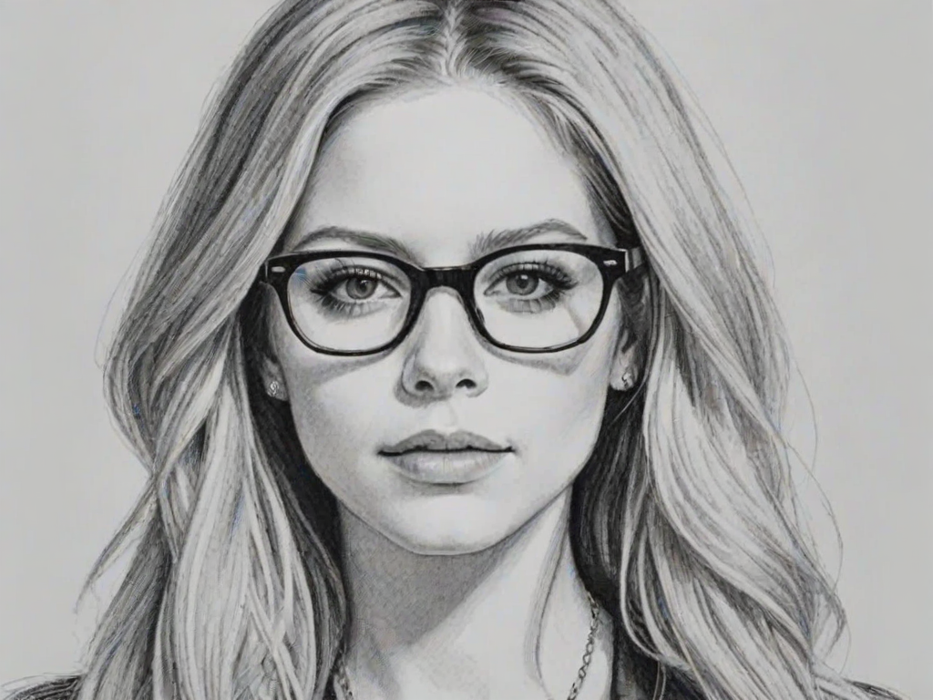 Exquisite Avril Lavigne, pencil sketch, portrait of Enchanting woman 1939s in glasses, hair style beatnik, outline, clear lines, fine lines, 8k