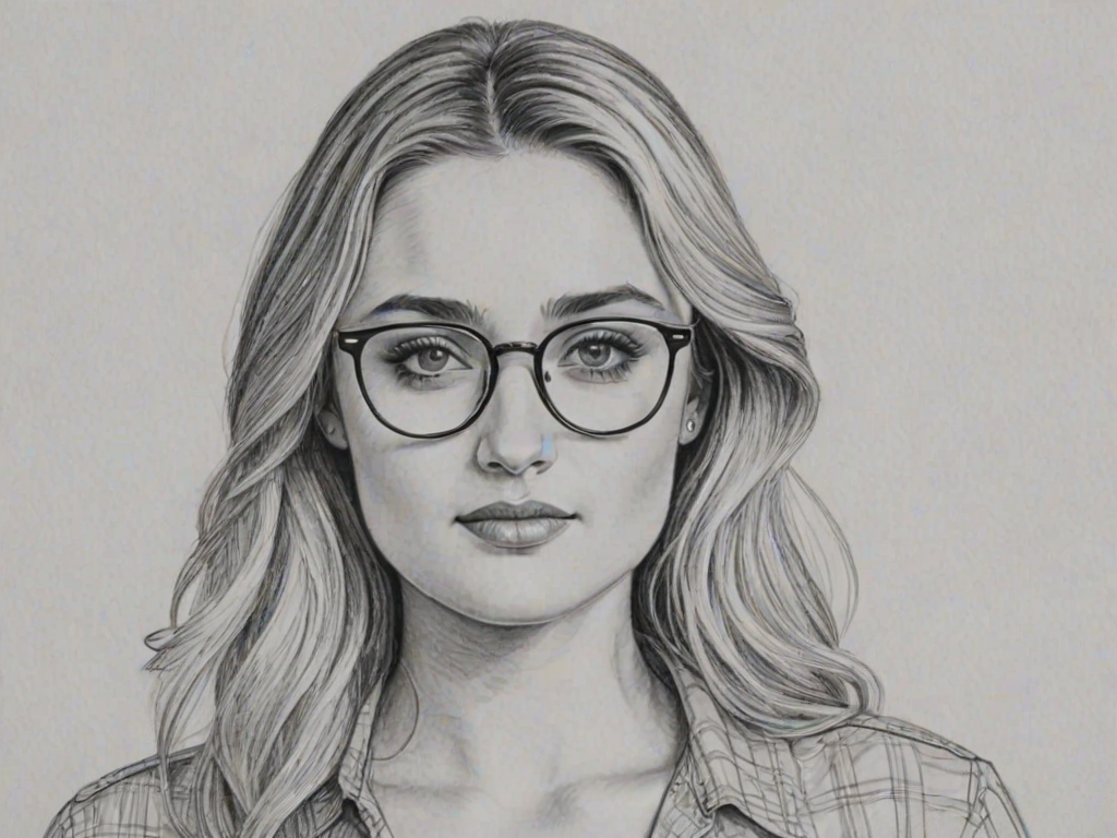 Attractive AJ Michalka, pencil sketch, portrait of Alluring woman 1966s in glasses, hair style beatnik, outline, clear lines, fine lines, 8k