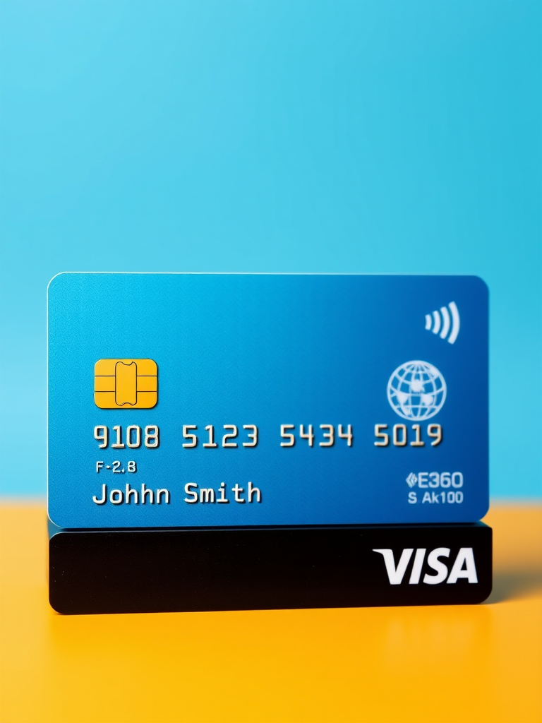 Create a high-resolution digital banking card image with a clean blue gradient background, showcasing a golden chip, the name "John Smith" in a bold font at the bottom left, and a logo with a globe on the right side, taken with a DSLR camera at f/2.8, 1/125s, ISO 100, 35mm focal length, with a shallow depth of field for enhanced focus on the card design.
