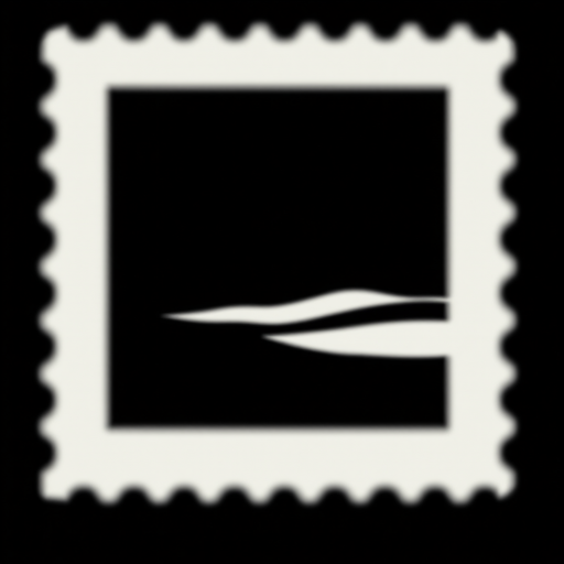 Create a high-resolution image of a minimalist black silhouette landscape within a stamp-shaped frame, using a DSLR camera with a 50mm lens, aperture f/1.8, ISO 100, and a shallow depth of field to enhance the contrast and clarity.