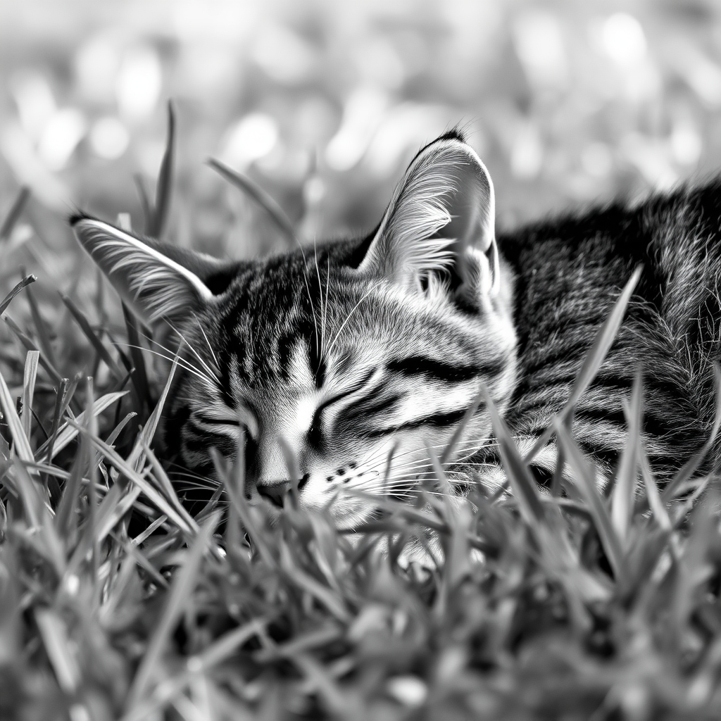 A sleeping tabby cat nestled in grass, captured in black and white with soft lighting and a blurred natural background.