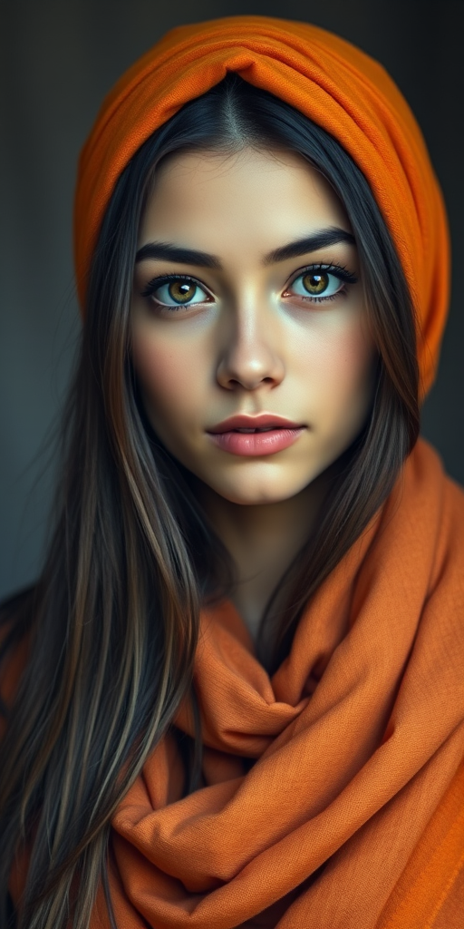 Create a portrait of a young Caucasian woman with long, dark hair and captivating hazel eyes. She is wearing a orange headscarf and a matching scarf draped gracefully around her neck. The background is softly blurred, focusing attention on her serene and natural expression. The overall color palette is muted and warm, enhancing the intimate and authentic feel of the portrait.