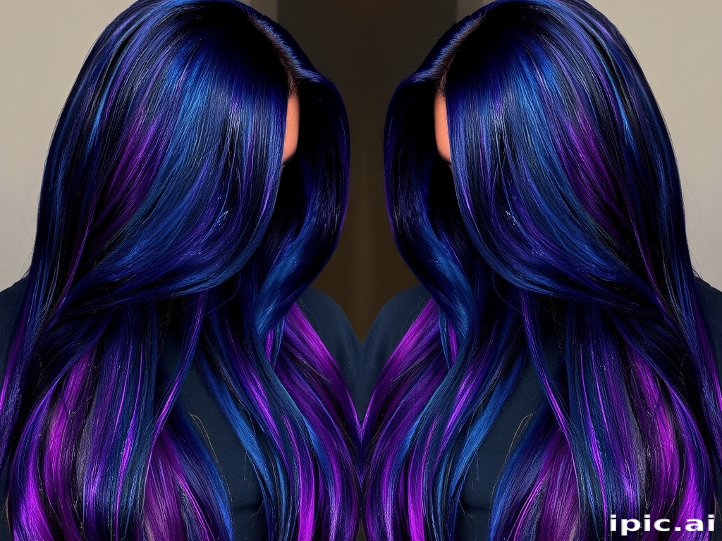 Striking Midnight Galaxy locks incorporating deep blue, purple, and black tones with holographic glitter accents, styled in long, sleek straight strands with a center part