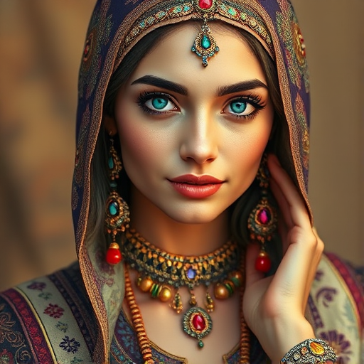 Create a portrait of a beautiful Persian woman with striking cyan eyes and a gentle expression. She is adorned in traditional attire with intricate patterns, including a richly embroidered headscarf and matching garments. Her jewelry includes a delicate headpiece, dangling earrings, and ornate bracelets, all featuring vibrant gemstones and detailed metalwork. The background is soft and warm, enhancing the rich colors of her outfit and jewelry.