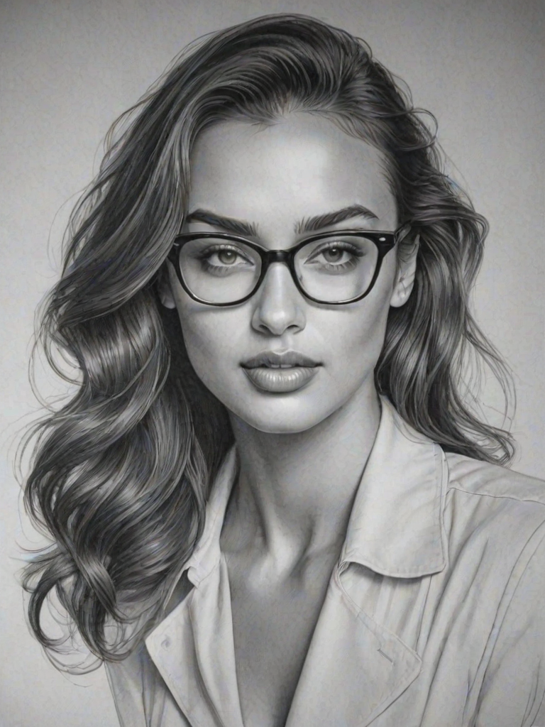 Fascinating Irina Shayk, pencil sketch, portrait of Ravishing woman 1942s in glasses, hair style beatnik, outline, clear lines, fine lines, 8k