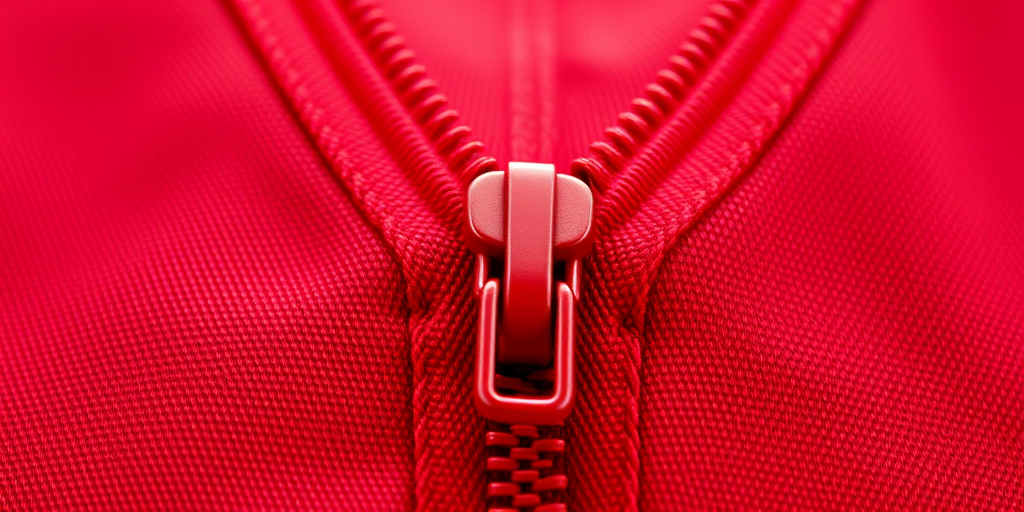 Create a high-resolution vector graphic of a red zipper with an emphasis on smooth lines and detailed texture, using a Canon EOS R5 with a 50mm f/1.2 lens, aperture set to f/4, and ISO 100, shot from a straight-on view with soft lighting to highlight the zipper's design.