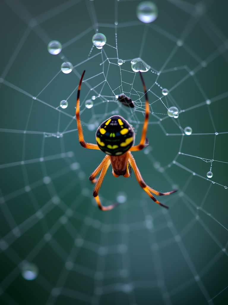 Capture a close-up image of a spider in its web with dewdrops, using a macro lens at f/2.8 aperture, 1/200s shutter speed, ISO 200, natural light, shallow depth of field, DSLR camera, focus on the spider while creating a soft bokeh effect in the background.