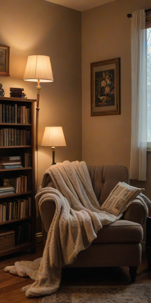 Warmly lit photo of a cozy reading corner, with a plush armchair, a stack of books, and a soft blanket draped over the side, illuminated by a nearby floor lamp.