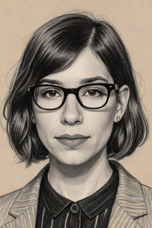 Splendid Carrie Brownstein, pencil sketch, portrait of Comely woman 1927s in glasses, hair style beatnik, outline, clear lines, fine lines, 8k