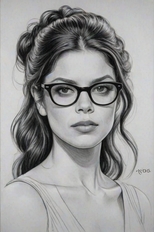 Splendid Vanessa Ferlito, pencil sketch, portrait of Splendid woman 1921s in glasses, hair style beatnik, outline, clear lines, fine lines, 8k