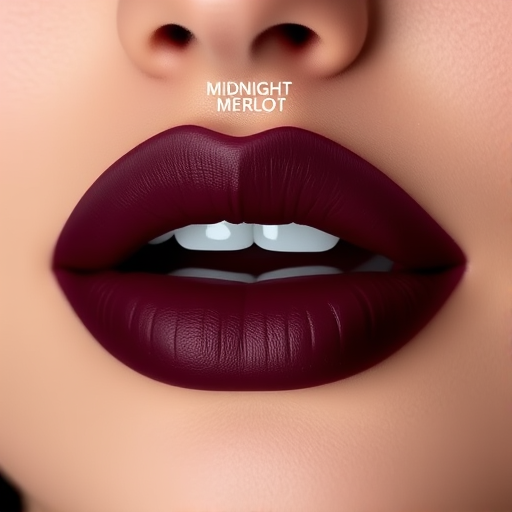 Matte deep burgundy lips with a velvet texture, called "Midnight Merlot," boasting long-lasting wear and a rich, wine-inspired hue for sophisticated elegance