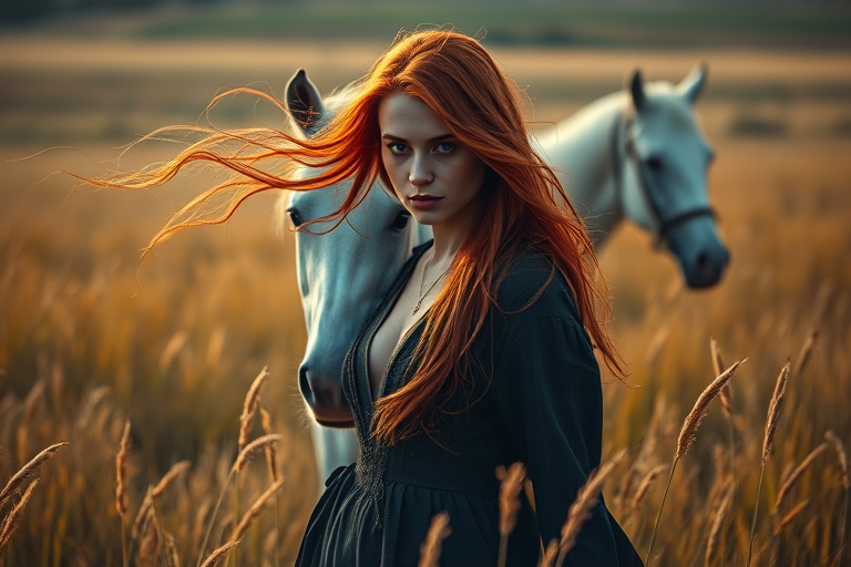 Create a mysterious portrait of a woman with flowing red hair standing in a field of golden grass, with a white horse beside her, captured with a Canon EOS R5 at 50mm, f/1.8 aperture, ISO 100, in soft natural light, highlighting vivid colors and dramatic shadows for enhanced texture and depth.
