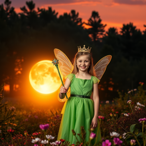 A vivid photo  taken under a bright camera flash of a fantastical scene set against a backdrop of a forest during sunset. The main subject is a girl dressed as a fairy, adorned with translucent wings and a green dress, holding a wand, her face is happy, and she wears a crown on her head. The forest behind her is a blend of flowers, shrubs and trees. The sky is painted in hues of orange and pink, with a large, glowing moon casting a warm glow over the scene. The overall color palette is dominated by earthy tones.