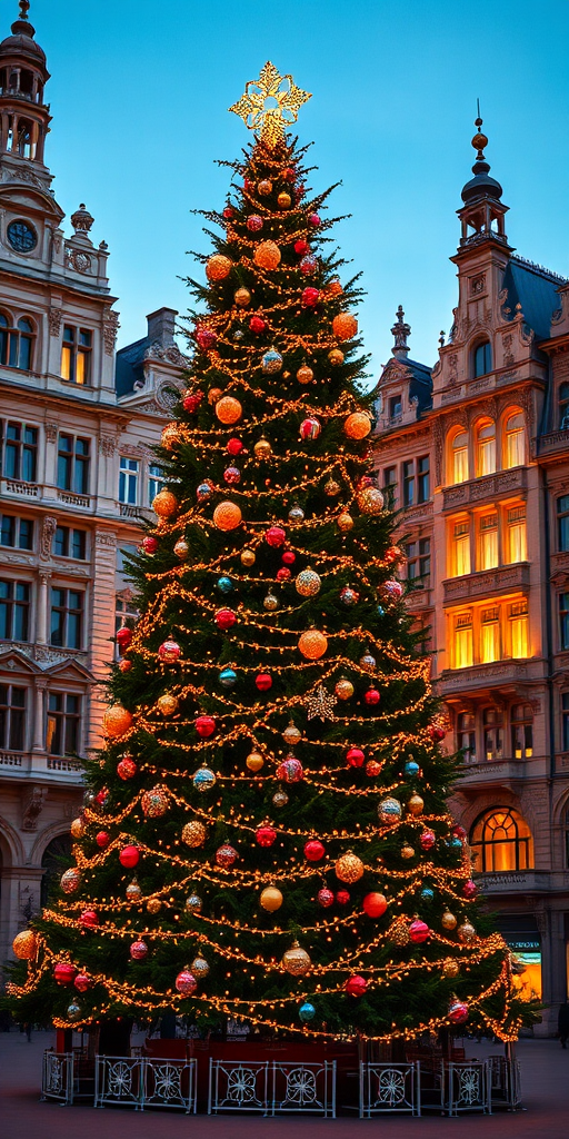Create an image of a beautifully decorated Christmas tree in a vibrant city square. The tree should be adorned with colorful ornaments and twinkling lights. Surrounding the tree, there are elegant historic buildings with intricate architecture, illuminated by warm golden lights. The sky is a soft blue, indicating twilight, adding to the festive atmosphere.