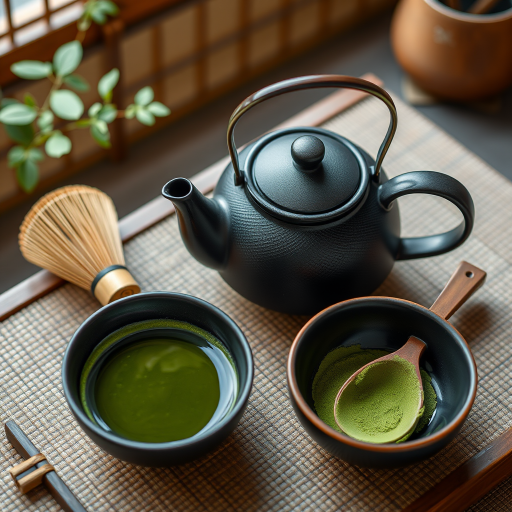 Create a high-resolution image of a traditional Japanese tea set including a black teapot, a bamboo whisk, a black tea bowl, a bamboo scoop, and matcha powder arranged aesthetically, with a shallow depth of field, natural lighting at f/2.8, ISO 100, 50mm lens, shot from a slight overhead angle for a dynamic composition.