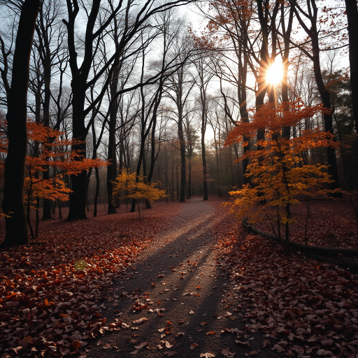 photograph, a path in the woods with leaves and the sun shining , by Julian Allen, dramatic autumn landscape, ears, park, take off, peace, rich cold moody colours, hi resolution, oaks