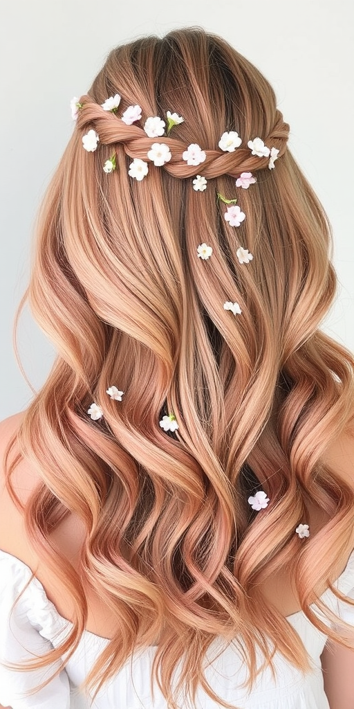 Soft rose gold tresses styled in the "Blush Blossom" fashion cascade in loose beach waves, adorned with tiny fresh flowers woven throughout for a romantic springtime look