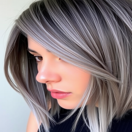 Sophisticated close-up featuring Smoky Quartz strands, a blend of cool grays and subtle lavender undertones, cut into a sharp, angled lob with side-swept bangs