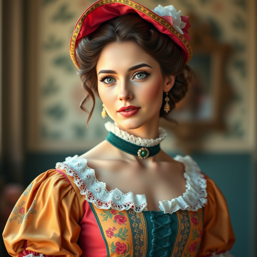 Create a high-resolution digital illustration of a woman in a colorful Victorian dress, using a shallow depth of field, bright natural lighting, and a portrait composition shot with a DSLR camera at 50mm focal length, f/1.8 aperture, ISO 100.