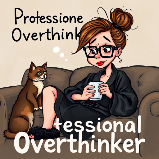 The words ‘Professional Overthinker’ (exact spelling) An exaggerated whimsical illustration of a cute silly lady with unruly messy brown bun and black glasses pouty lips and a thinking expression. Shes sitting on the couch, legs folded wearing a black silk robe, black fuzzy slippers. She’s holding her coffee cup and making a deep-in-thought face.  A quirky scruffy cat (dog) looking at her against a mottled, oil painting style soft background living room setting.