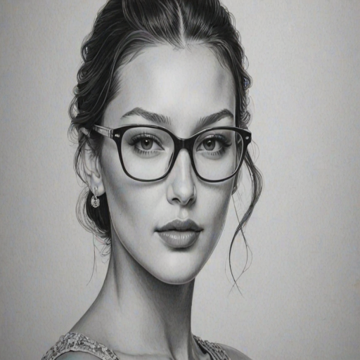 Dazzling Bella Hadid, pencil sketch, portrait of Exquisite woman 1962s in glasses, hair style beatnik, outline, clear lines, fine lines, 8k