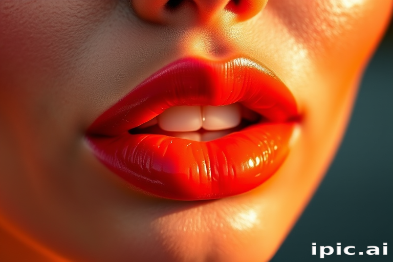 Vibrant coral sunset lips shine with glossy brilliance, accentuating plump contours and subtle ombre effect, exuding warmth and allure in high-resolution detail