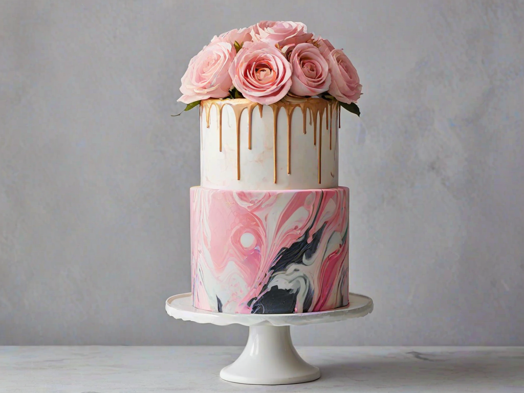 Create an artistic cake design featuring a tall, round cake with a smooth pink and white marbled effect. The cake should have splashes of black paint for a modern touch. At the top, add an arrangement of delicate, pastel-colored flowers, including roses and other soft blooms, to enhance its elegance. The background should be simple and bright to highlight the cake's vibrant colors.