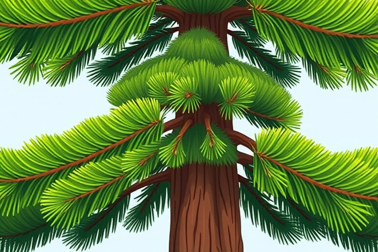 Create an illustration of a pine tree with three layers of green foliage and a brown trunk, using a 50mm lens, f/4 aperture, 1/200 sec shutter speed, and a vibrant, cartoon style for enhanced clarity and color.
