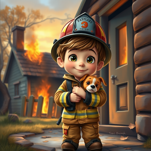 airbrushed oil painting, pixar style, cute little boy in fireman gear, helmet, tousled hair, expressive eyes, standing in the doorstep of a cottage burning behind him, holding a cute little dog in his arm, atumn sky