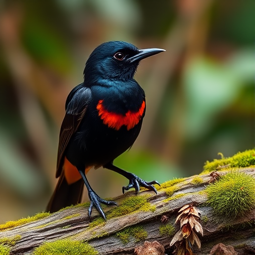 Capture a close-up image of a black bird with an orange chest perched on a moss-covered log in a rainforest setting, using a Canon EOS R5 camera, 100mm f/2.8 macro lens, aperture set at f/4, ISO 400, shutter speed 1/500 sec, in natural soft lighting with a slightly blurred background for depth.