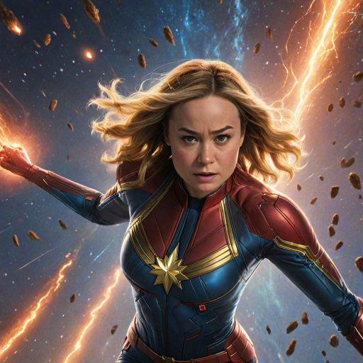 Powerful image of Brie Larson, Captain Marvel's cosmic hero, with her determined expression and glowing fists, soaring through a star-filled galaxy, leaving a trail of energy in her wake as she battles alien spaceships