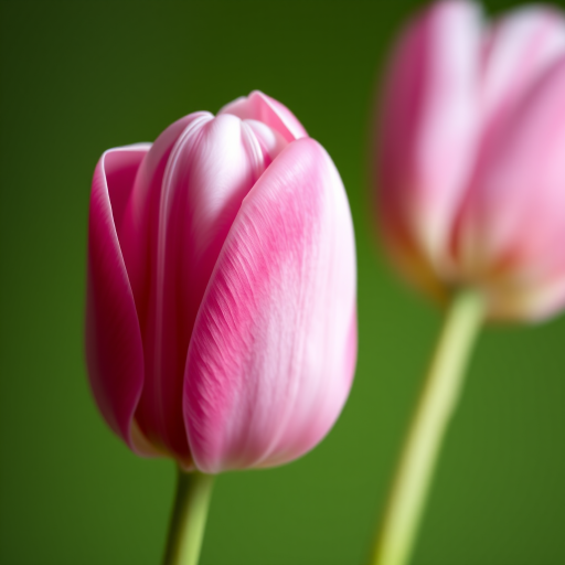 Capture a close-up of a pink and white tulip with soft, diffused lighting on a gradient green background using a DSLR camera set to f/2.8 aperture, 100mm lens, ISO 100, and a shutter speed of 1/200 seconds for rich detail and vibrant colors.
