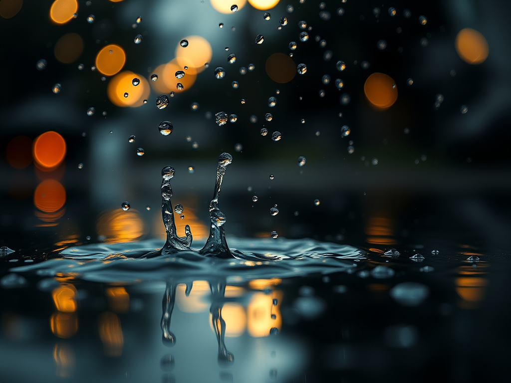 capture a close-up shot of raindrops hitting the surface of water with bokeh lights in the background, use a DSLR camera, aperture f/2.8, shutter speed 1/500s, ISO 100, focus on the splashes and reflections for enhanced clarity and detail