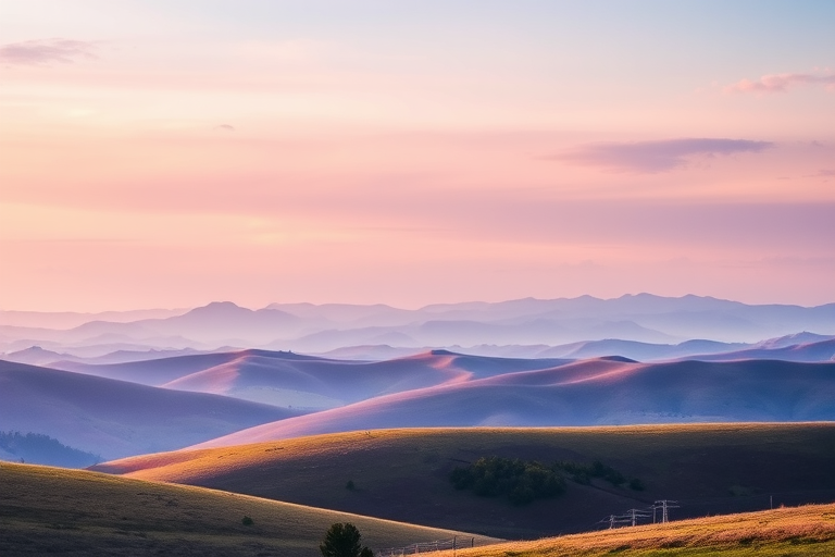 Regenerate a serene watercolor landscape featuring rolling hills with a blend of purple and blue tones under a soft sky, capture the scene with a Canon EOS R5, 50mm f/1.8 lens, aperture f/8, ISO 100, shoot from a low angle for a more immersive view, and apply a natural light style to enhance colors and details.