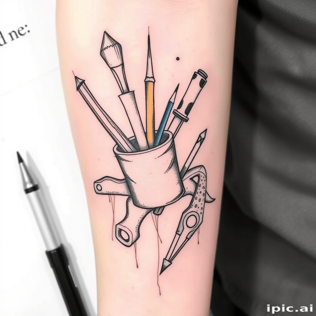 Sketch-style tattoo dubbed "Artistic Soul" resembling a rough pencil drawing come to life with loose lines and shading depicting an artist's tools and creative inspiration