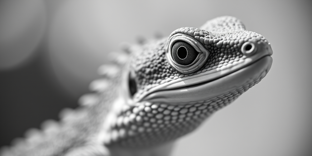 capture a close-up of a lizard in black and white with a shallow depth of field using a DSLR camera, aperture f/2.8, ISO 100, 50mm lens, natural light, focus on the eye, slightly from the side to highlight texture and detail