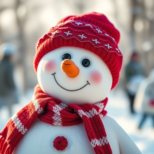 Create a high-resolution image of a cheerful snowman wearing a red hat and scarf, with a carrot nose, set against a wintery background, captured using a DSLR camera with a 50mm lens, aperture at f/2.8, ISO 100, and soft natural lighting to enhance colors and details.